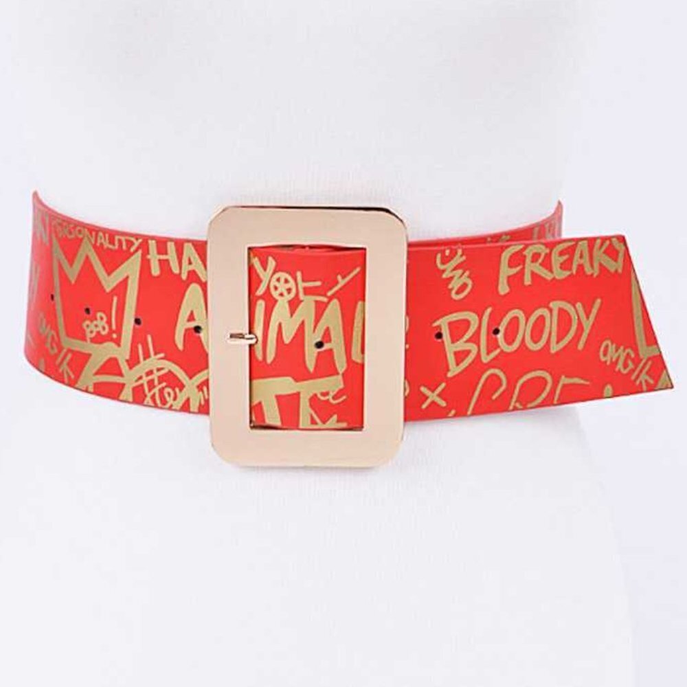 J. ELISE BOUTIQUE Red Gold Wide Buckle Graffiti Printed Fashion Statement Belt